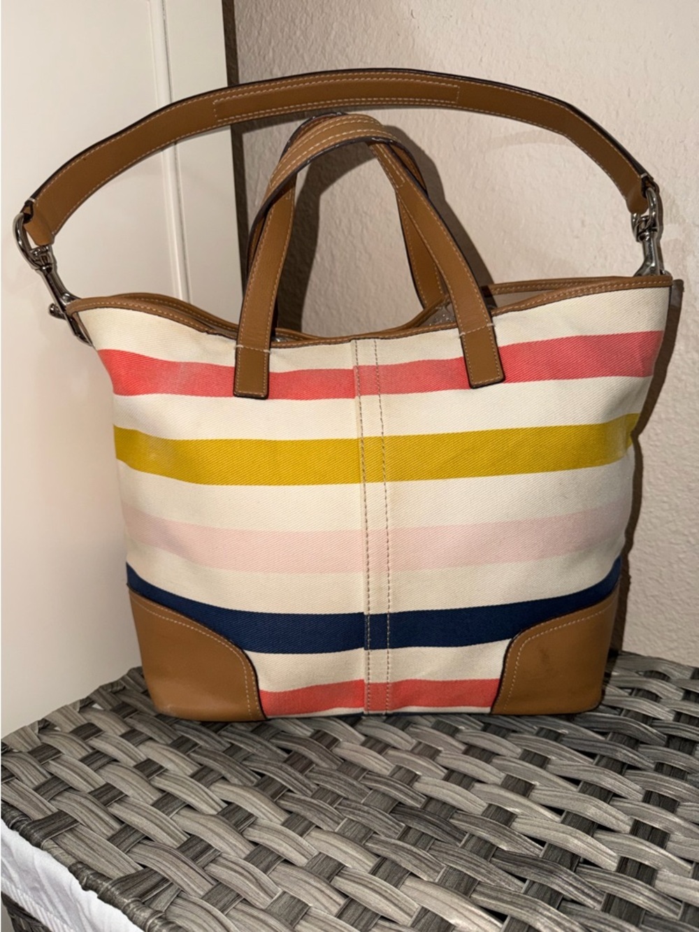 Coach Striped Canvas Tote in Coral, Mustard, Navy & Pink with Tan Leather F30041 - Picture 5 of 16